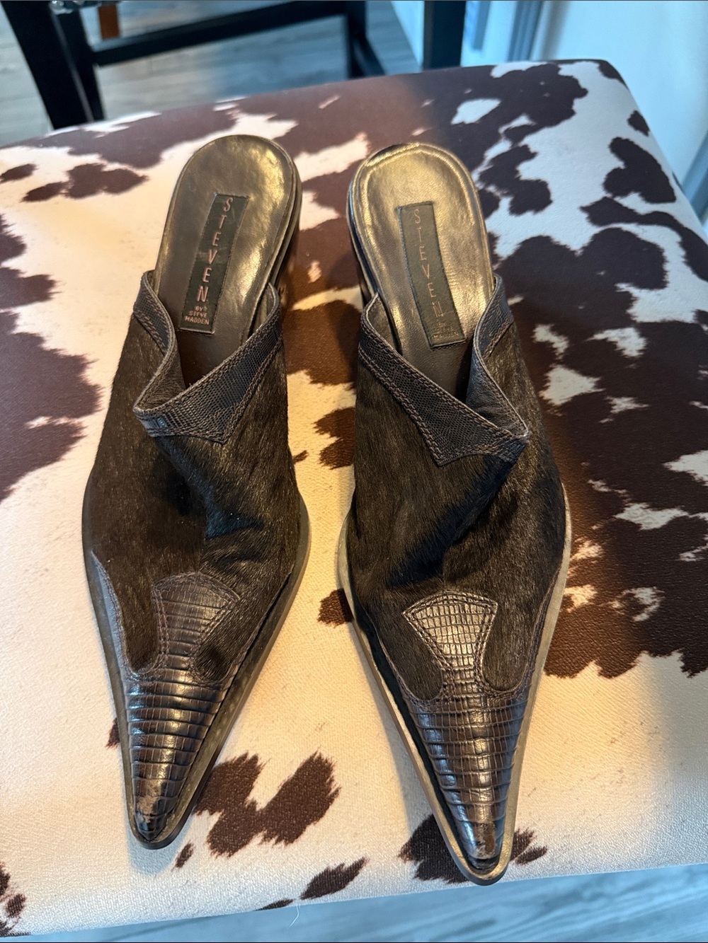 Steven by Steve Madden Black Pointed Haircalf Slip-On Mules